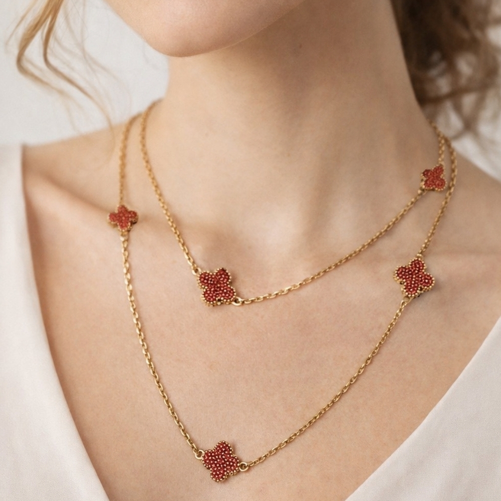 Gold Clover Station Necklace with Red Micro Bead Motifs | Designer Inspired